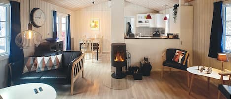 A cozy living room with a fireplace, a dining area, and a kitchen with modern appliances.