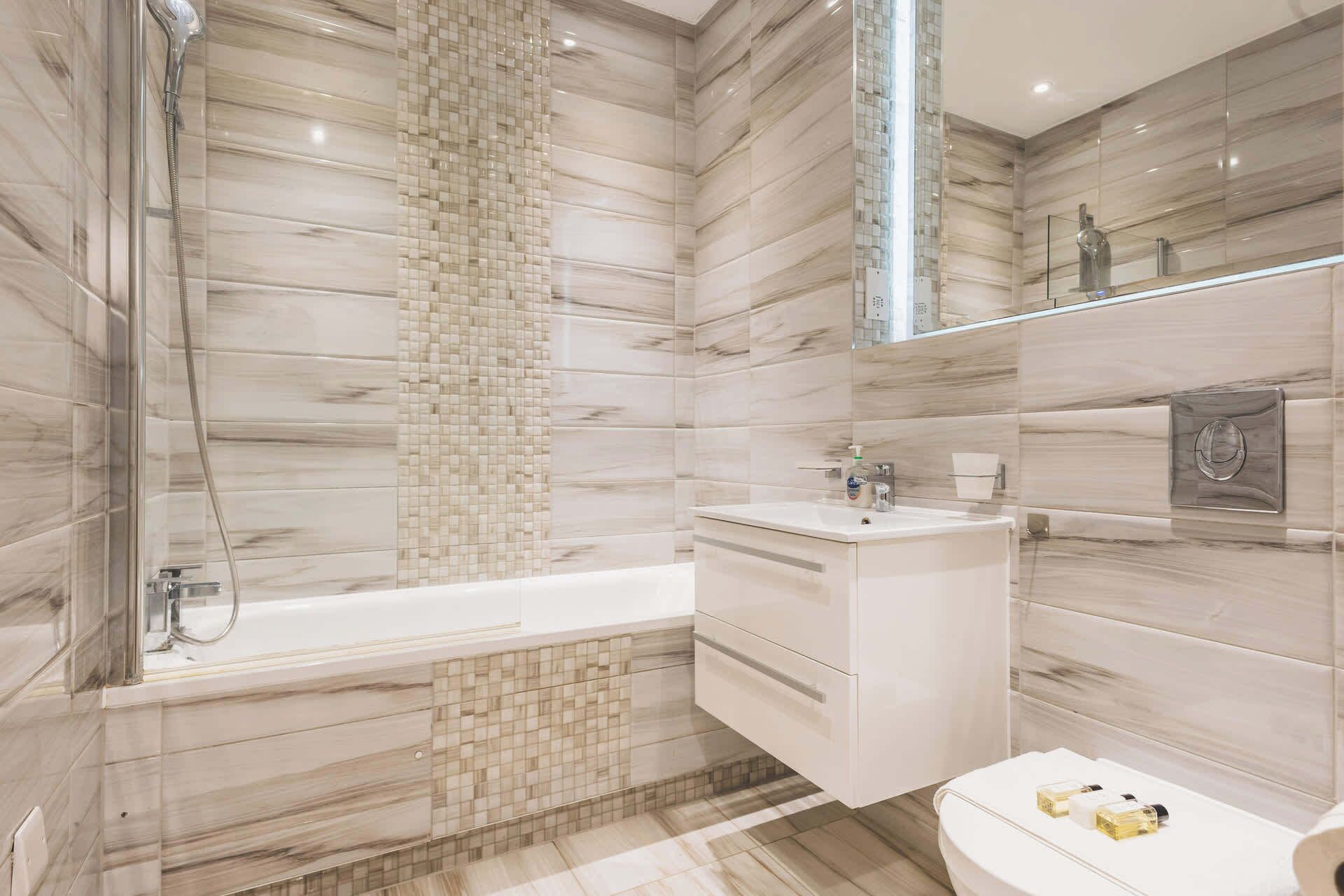 Shower, hair dryer, shampoo