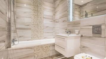 Shower, hair dryer, shampoo