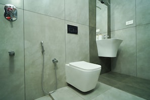 Shower, hair dryer, towels, toilet paper