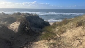 Un paysage côtier avec des dunes, une plage de sable et l’océan.