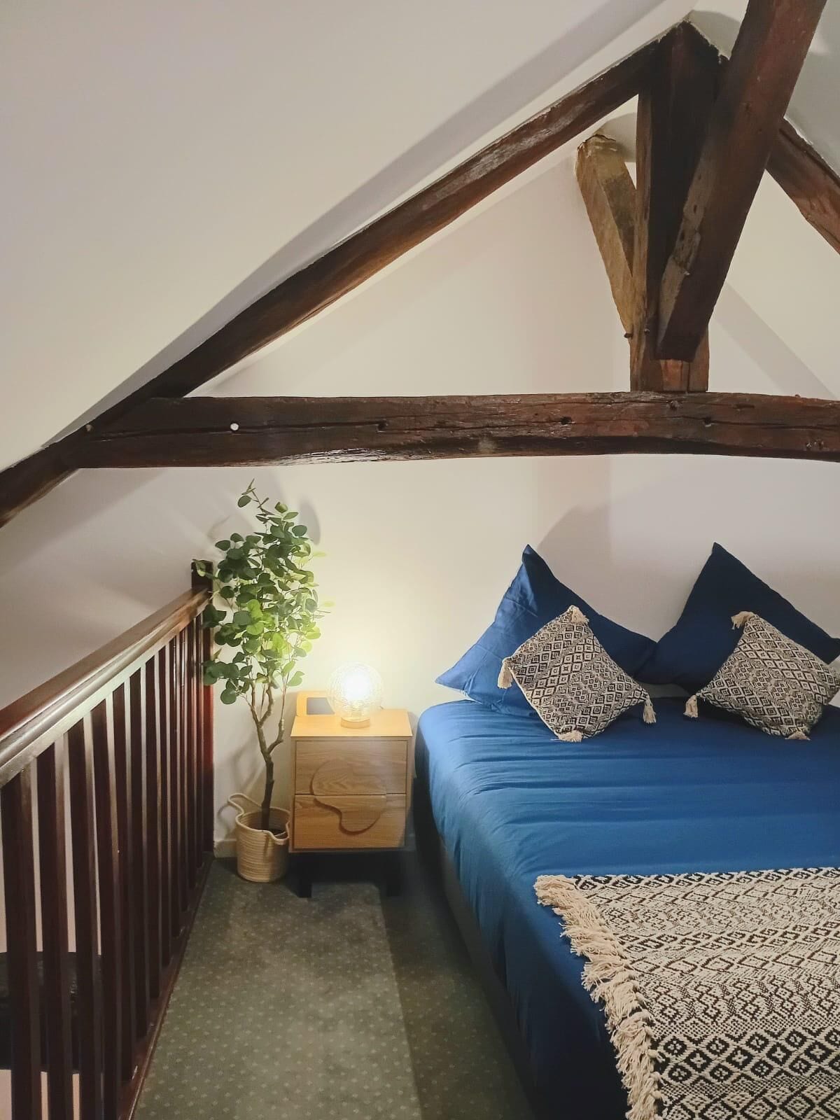 A bedroom with a sloped ceiling, wooden beams, a bed with blue bedding, patterned pillows, a bedside lamp, and a potted plant.
