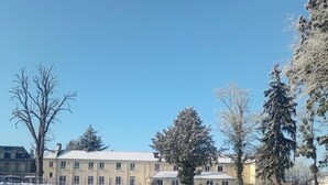 Un edificio residencial con múltiples ventanas y un paisaje cubierto de nieve.