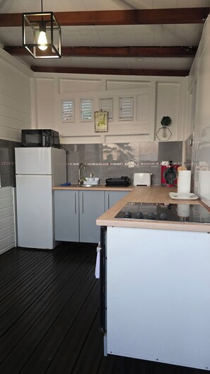 Een koelkast, een magnetron, een oven, een kookplaat