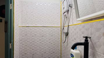 Shower, towels, soap, shampoo