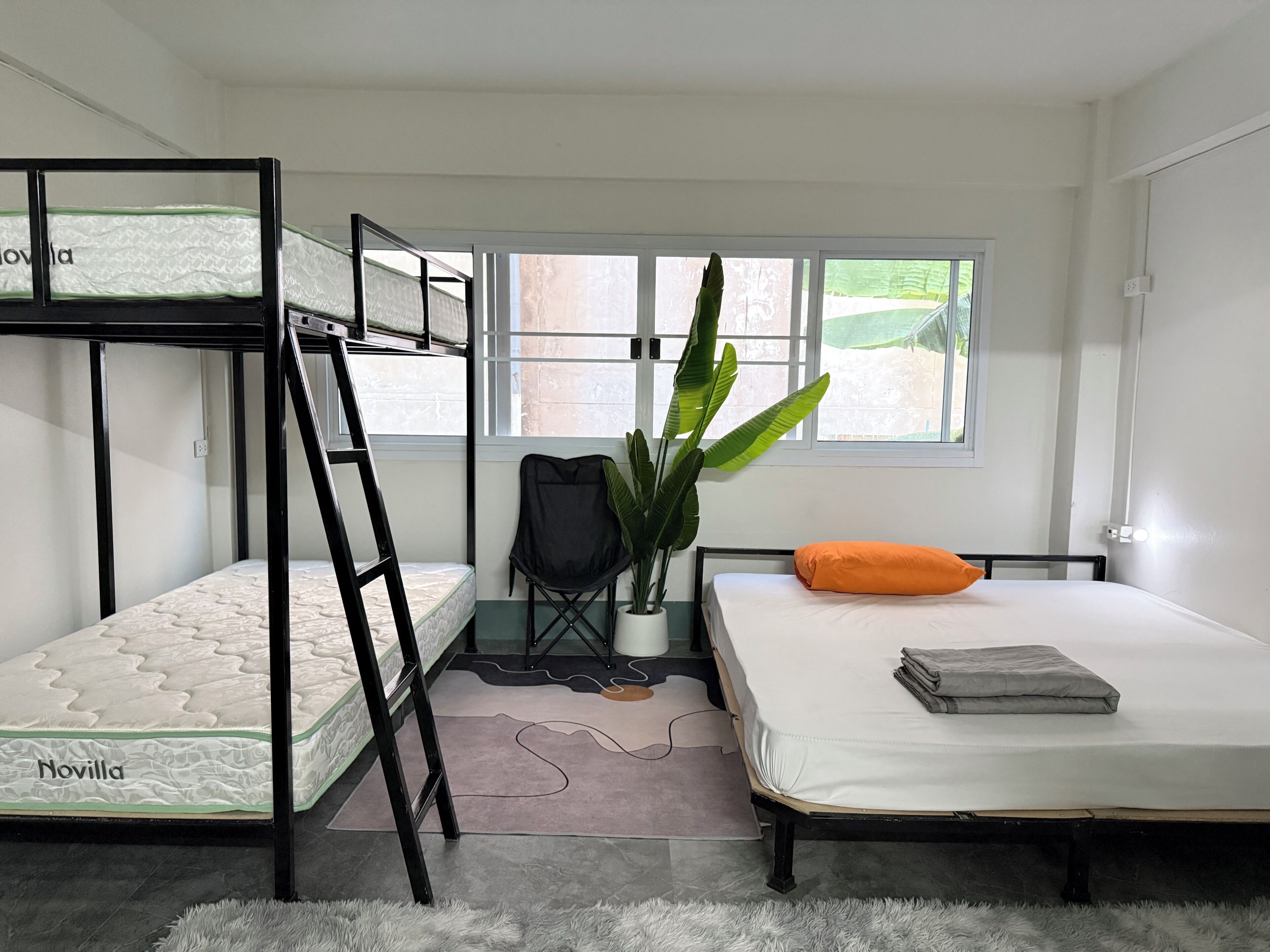 Una habitación tipo dormitorio con literas, un escritorio, una silla, una planta en maceta y una ventana con vistas.