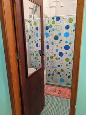 Regadera, toallas, papel de baño 