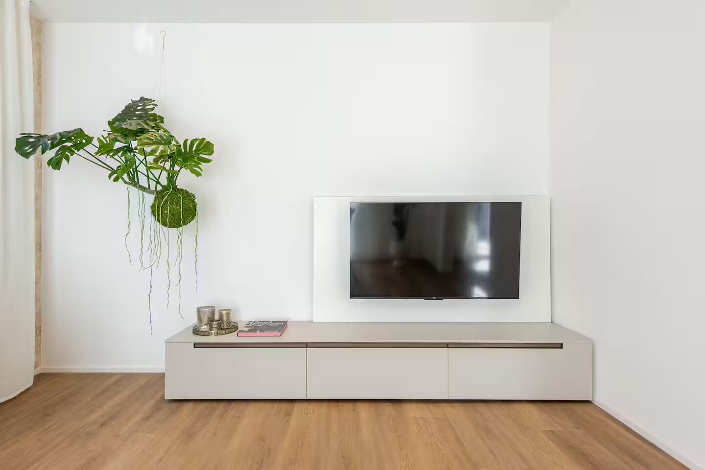 A minimalist living room with a flat-screen TV mounted on a white wall, a wooden floor, and a hanging plant with trailing vines.