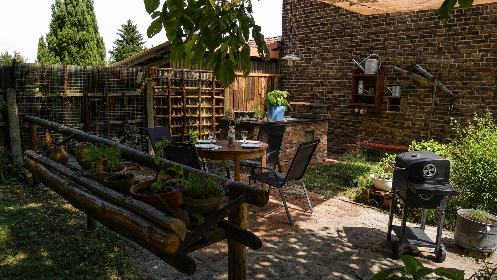 A rustic outdoor dining area with a brick wall, wooden furniture, and a grill.