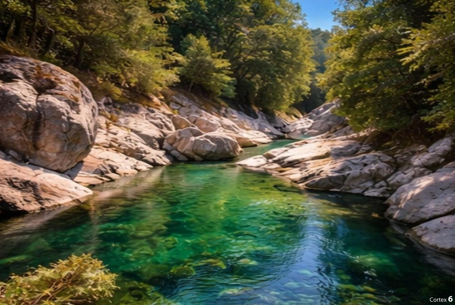 A clear river surrounded by large rocks and dense trees.