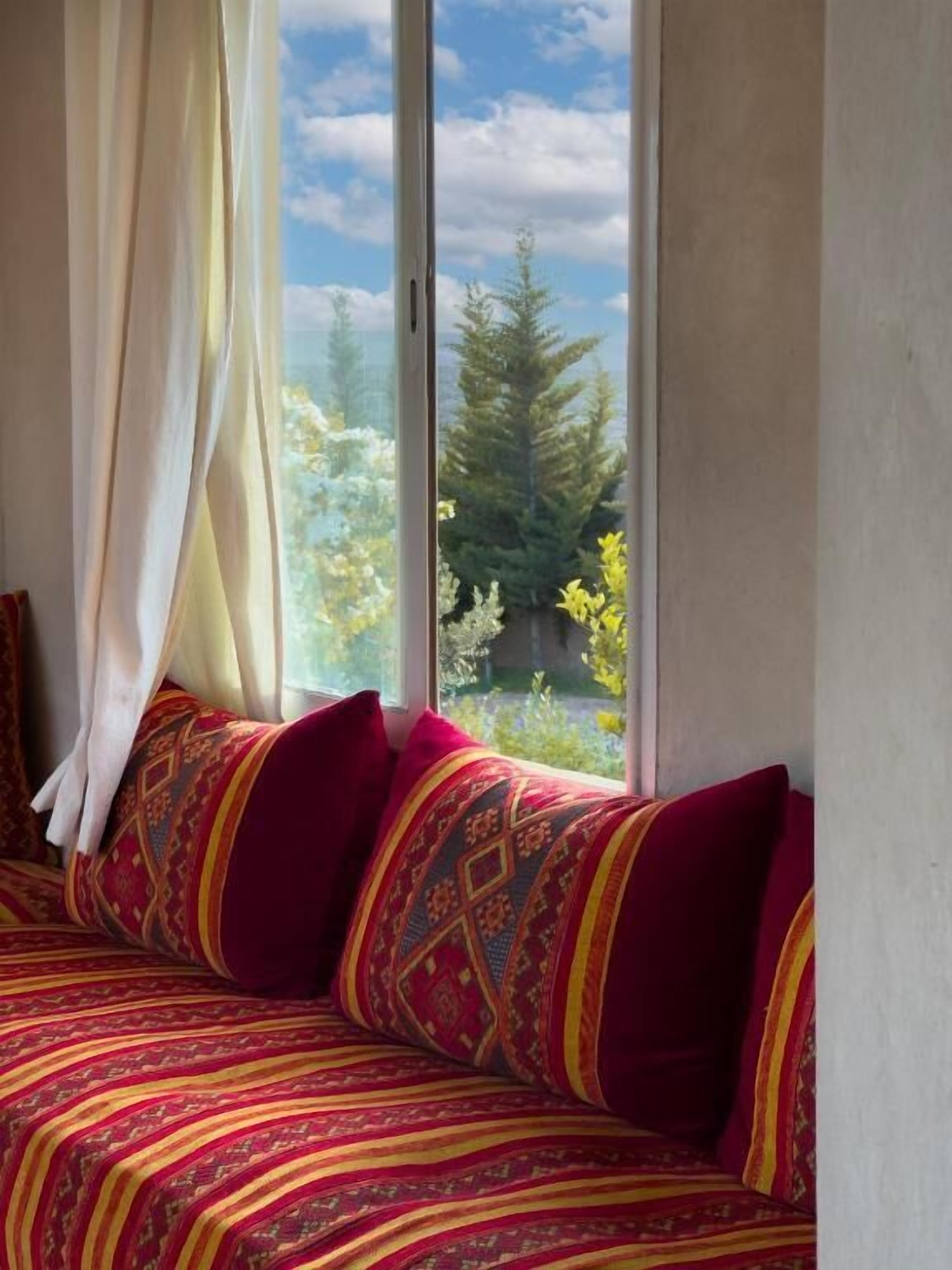 A bed with patterned bedding and pillows, a window with curtains, and a view of trees and sky.
