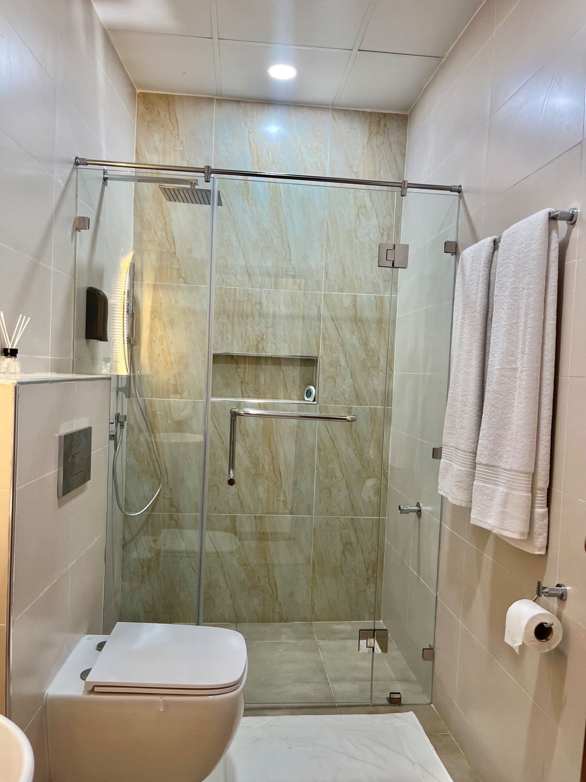 A modern bathroom with a glass-enclosed shower, a toilet, and a towel rack.