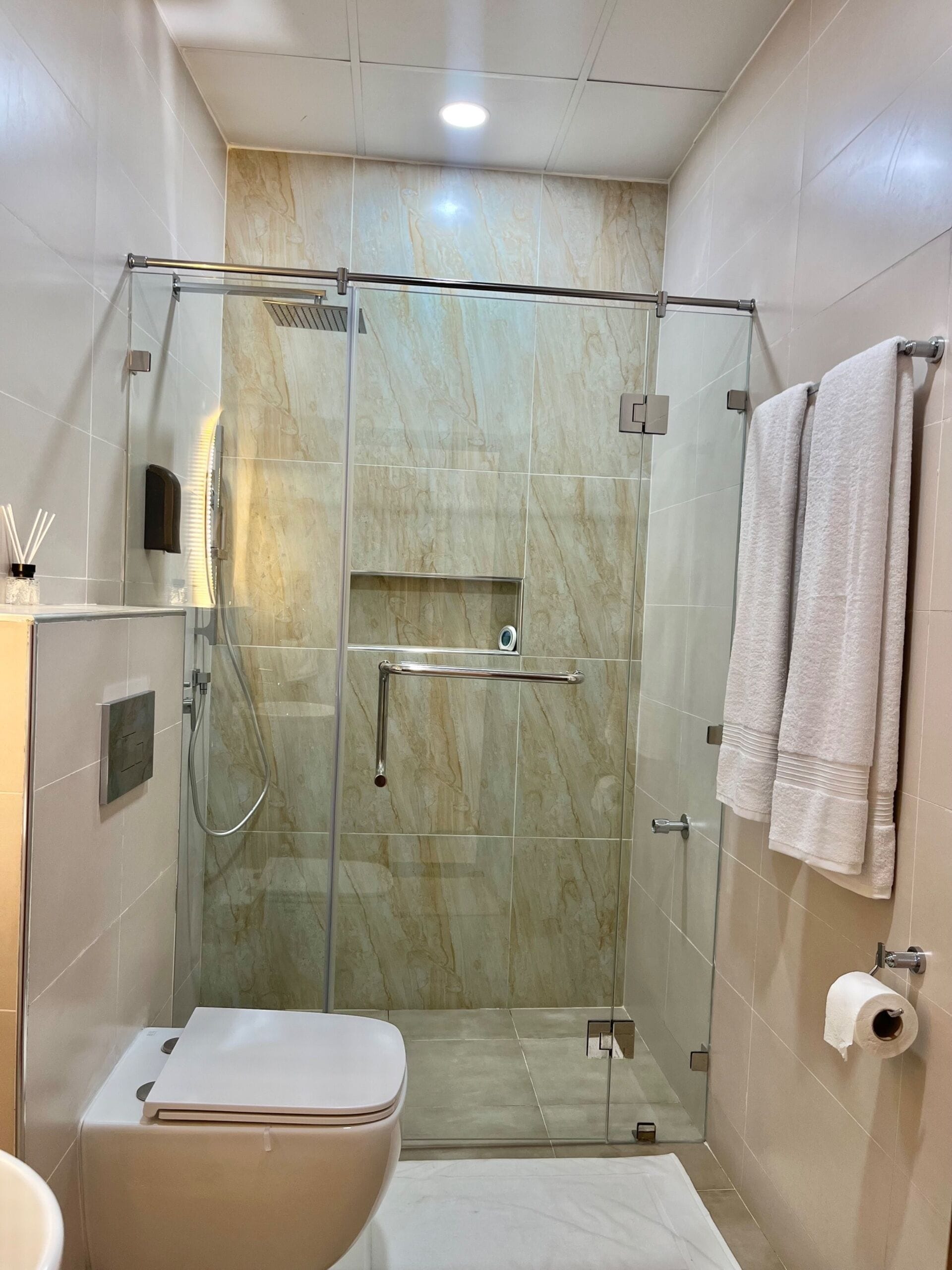A modern bathroom with a glass shower enclosure, a toilet, and a towel rack.