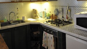 Une cuisine de taille réduite, avec des meubles en bois, une cuisinière à gaz et un four à micro-ondes.