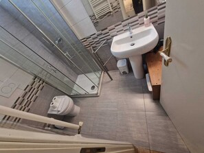 A modern bathroom with a shower, toilet, sink, and a small trash bin. - Domus trasteverina (Roma)