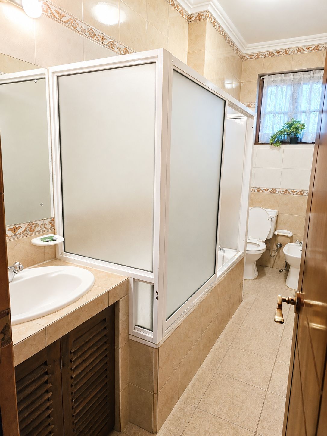 Shower, bidet, towels, soap