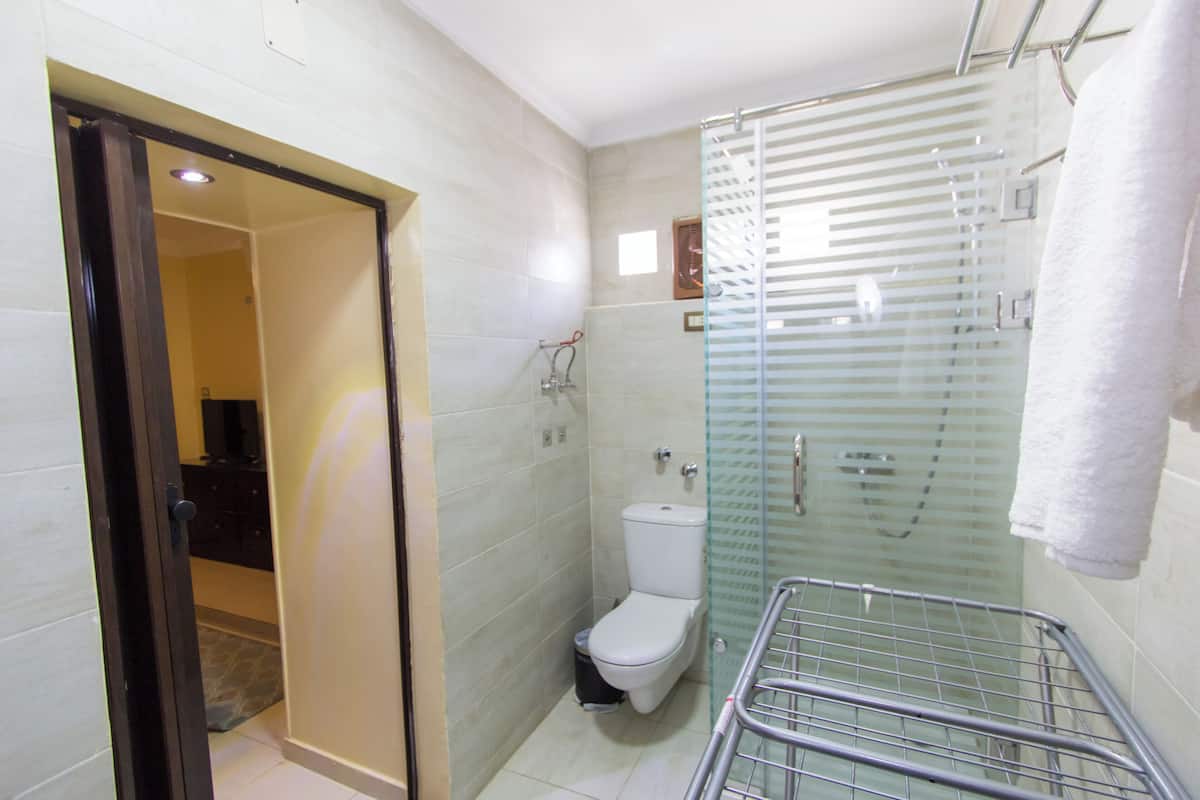 Een badkamer met toilet, een douchecabine met glazen wanden en een metalen handdoekrek.