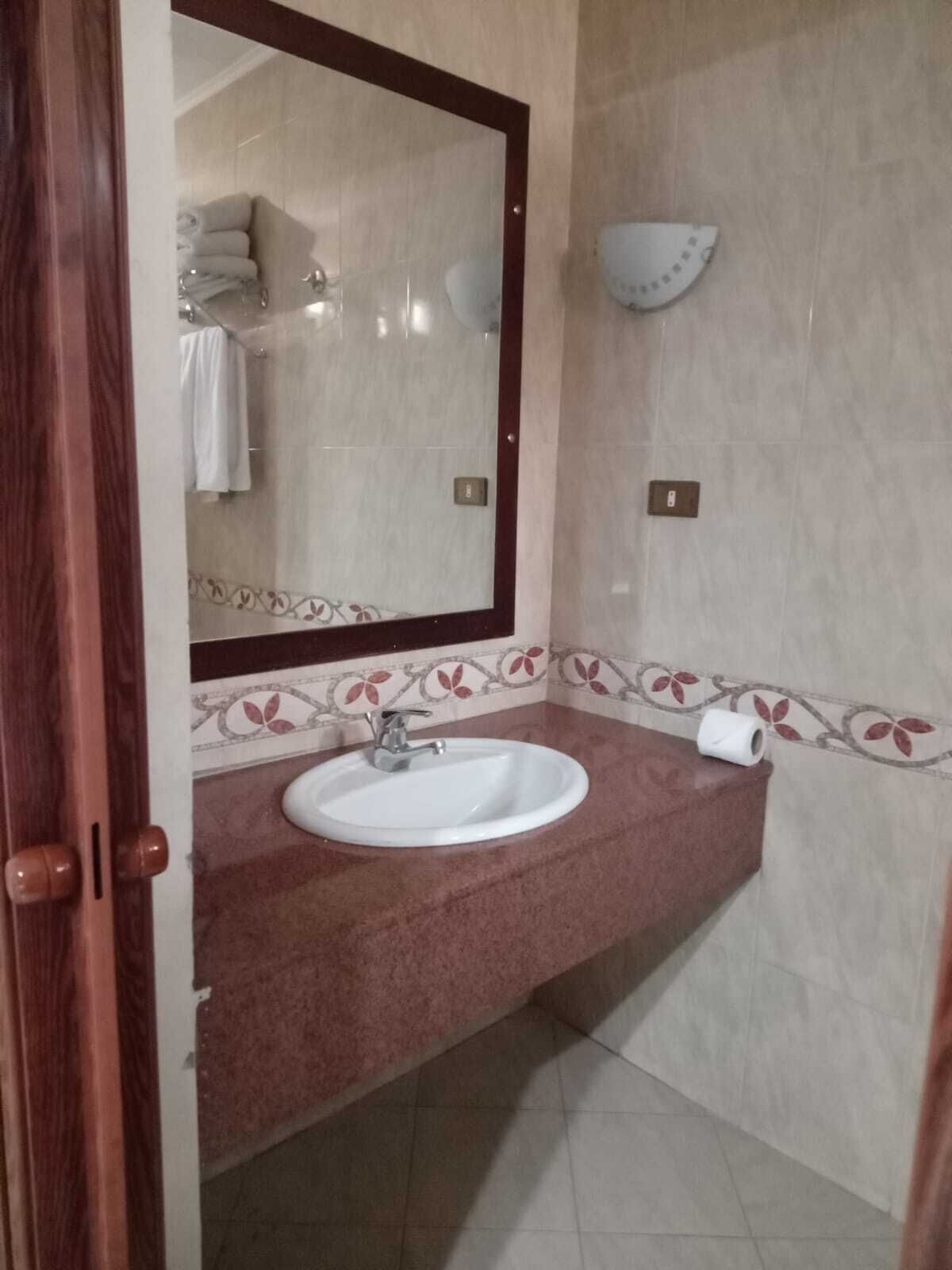 Une salle de bain avec un lavabo blanc, un miroir, un porte-serviettes et un support à papier toilette.