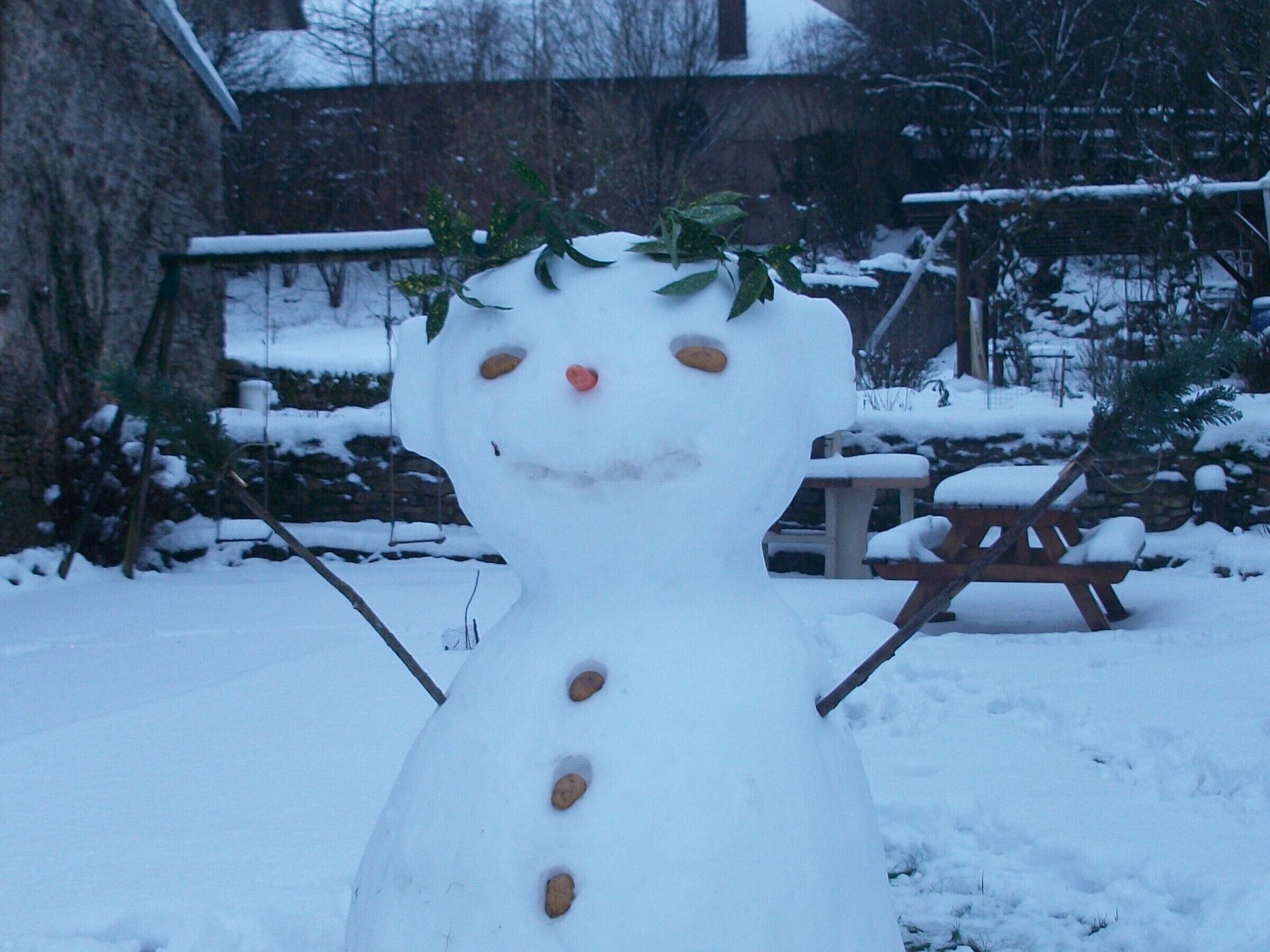 Un bonhomme de neige coiffé d’un chapeau et orné de boutons, se dressant sur un fond enneigé, avec un banc en bois et un mur de pierres en arrière-plan.