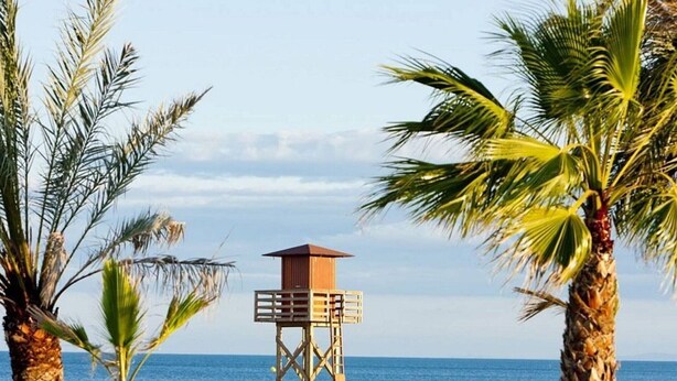 A lifeguard tower on a sandy beach with palm trees and a clear blue sky. - Apartment in Narbonne, Terrace with Sea View (Narbonne)