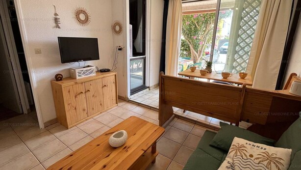 A living room with a TV, wooden furniture, a window with a view, and a green sofa. - 4-Person Apartment with Terrace and Parking in Narbonne (Narbonne)