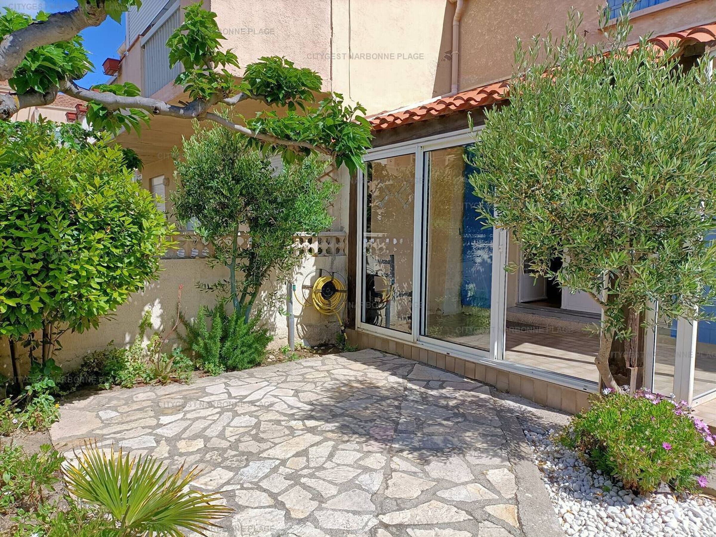 A courtyard with stone paving, various shrubs, and a glass door leading to a building.