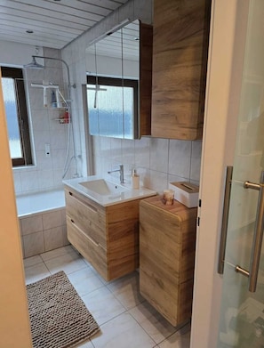Hair dryer, towels, soap, toilet paper