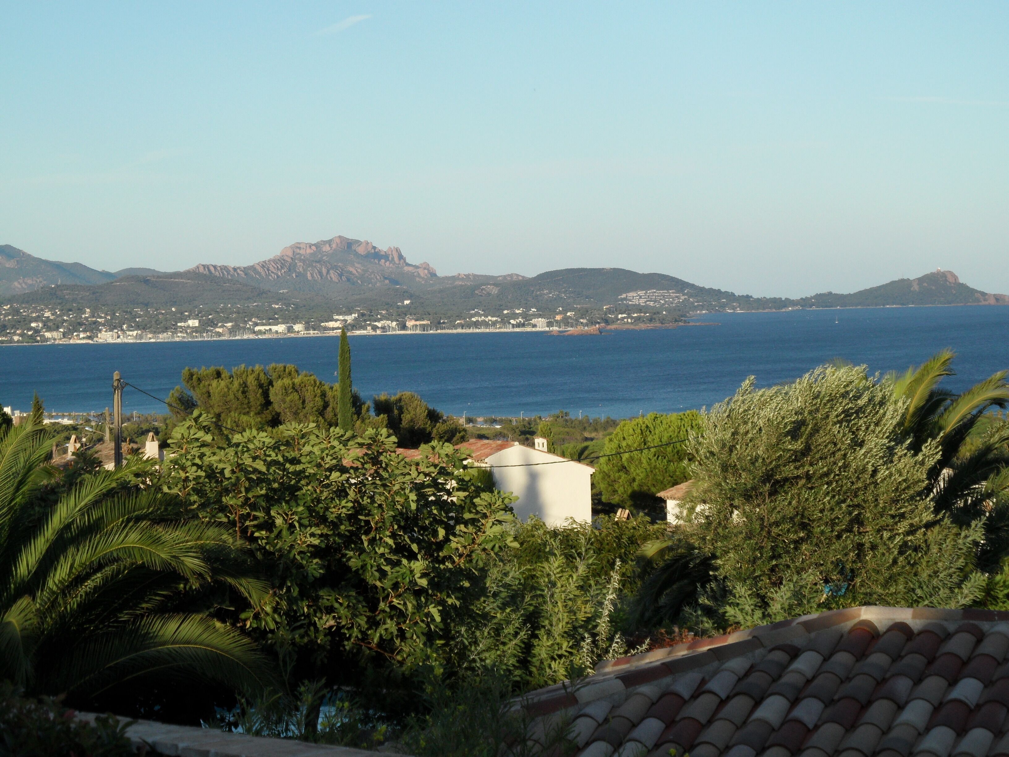 Un paysage côtier avec une montagne en arrière-plan, un ciel dégagé et une végétation luxuriante au premier plan.