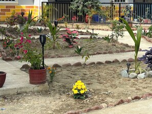 A garden with various plants and flowers, including pink and yellow blooms, and a pathway. - Spacious 9-bedroom apartment in lovely Bugallon with AC (Bugallon)