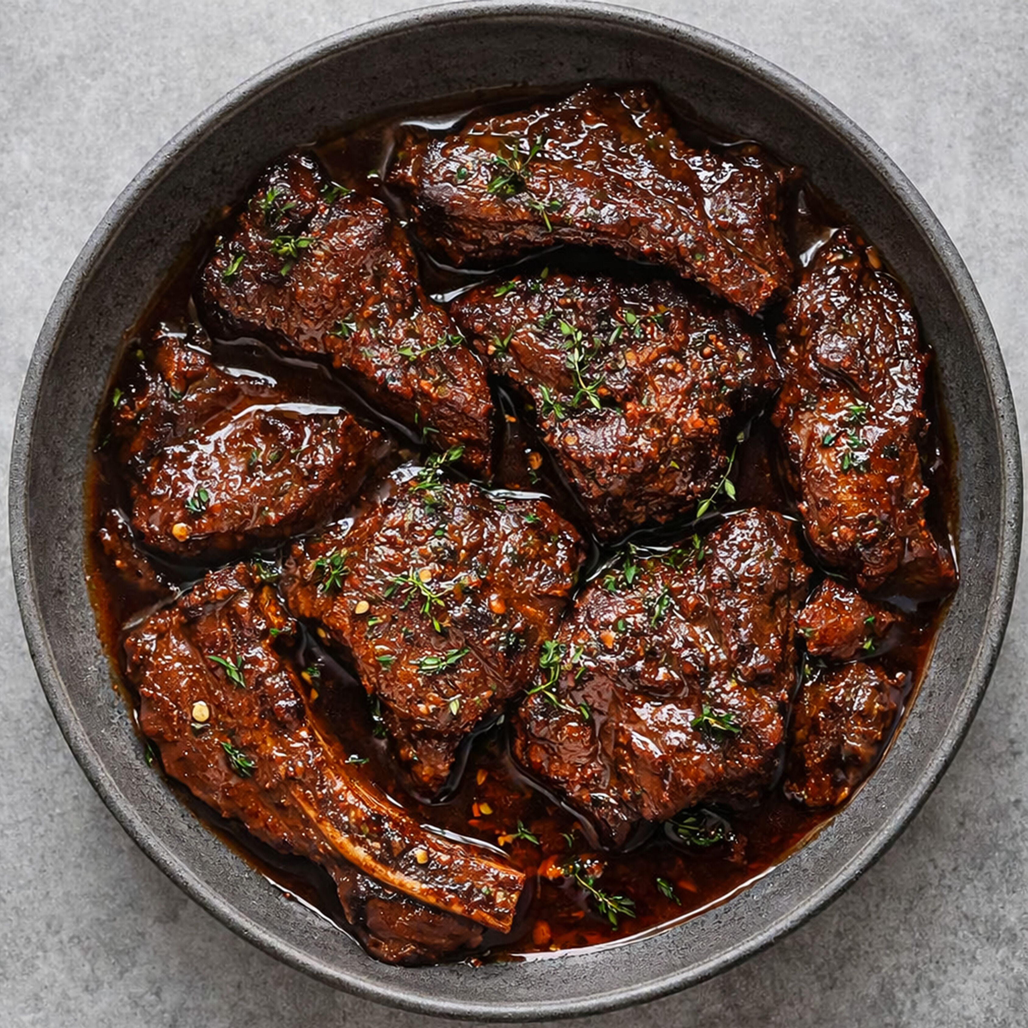 A bowl of braised beef short ribs garnished with herbs.