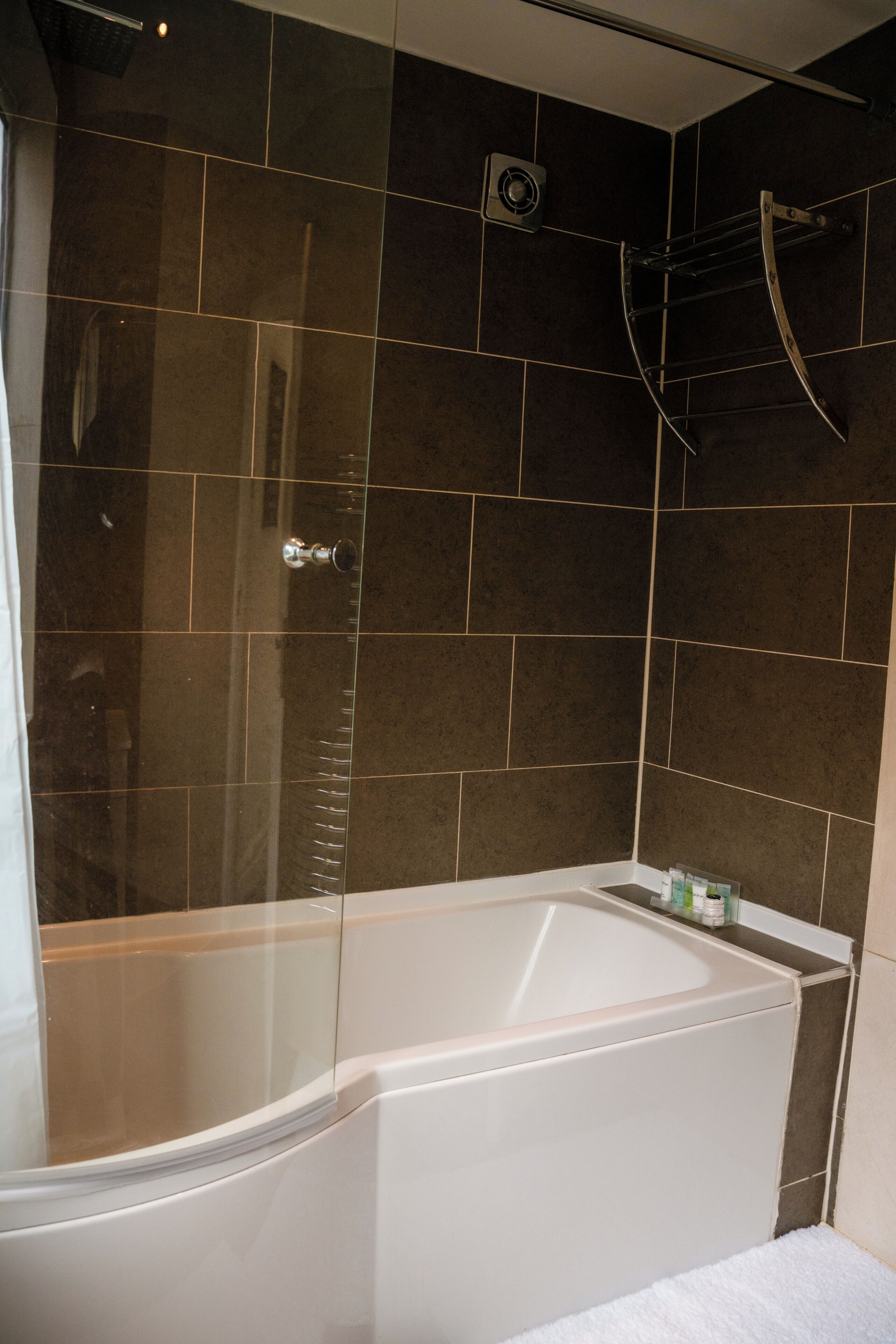 Hair dryer, towels, soap, toilet paper