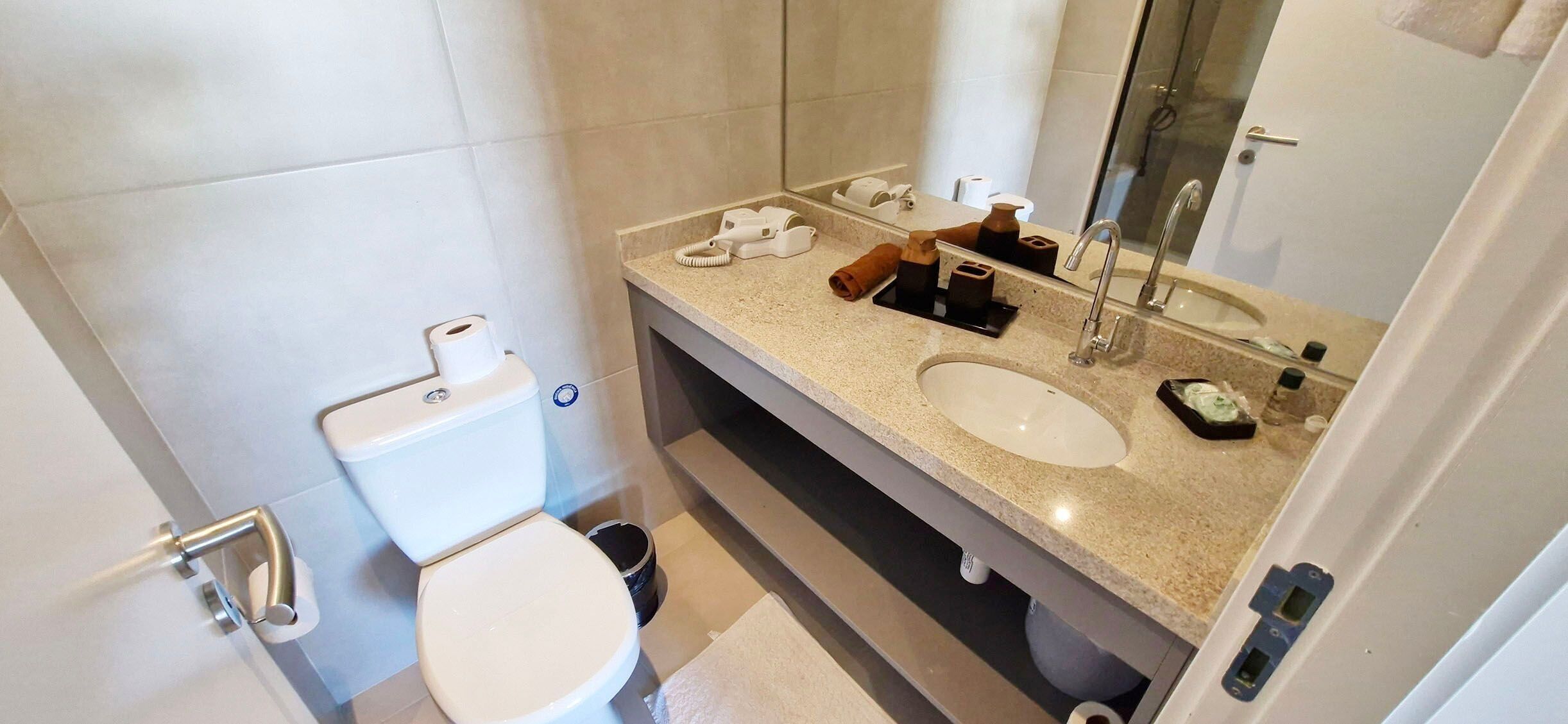 A bathroom with a toilet, sink, and mirror.