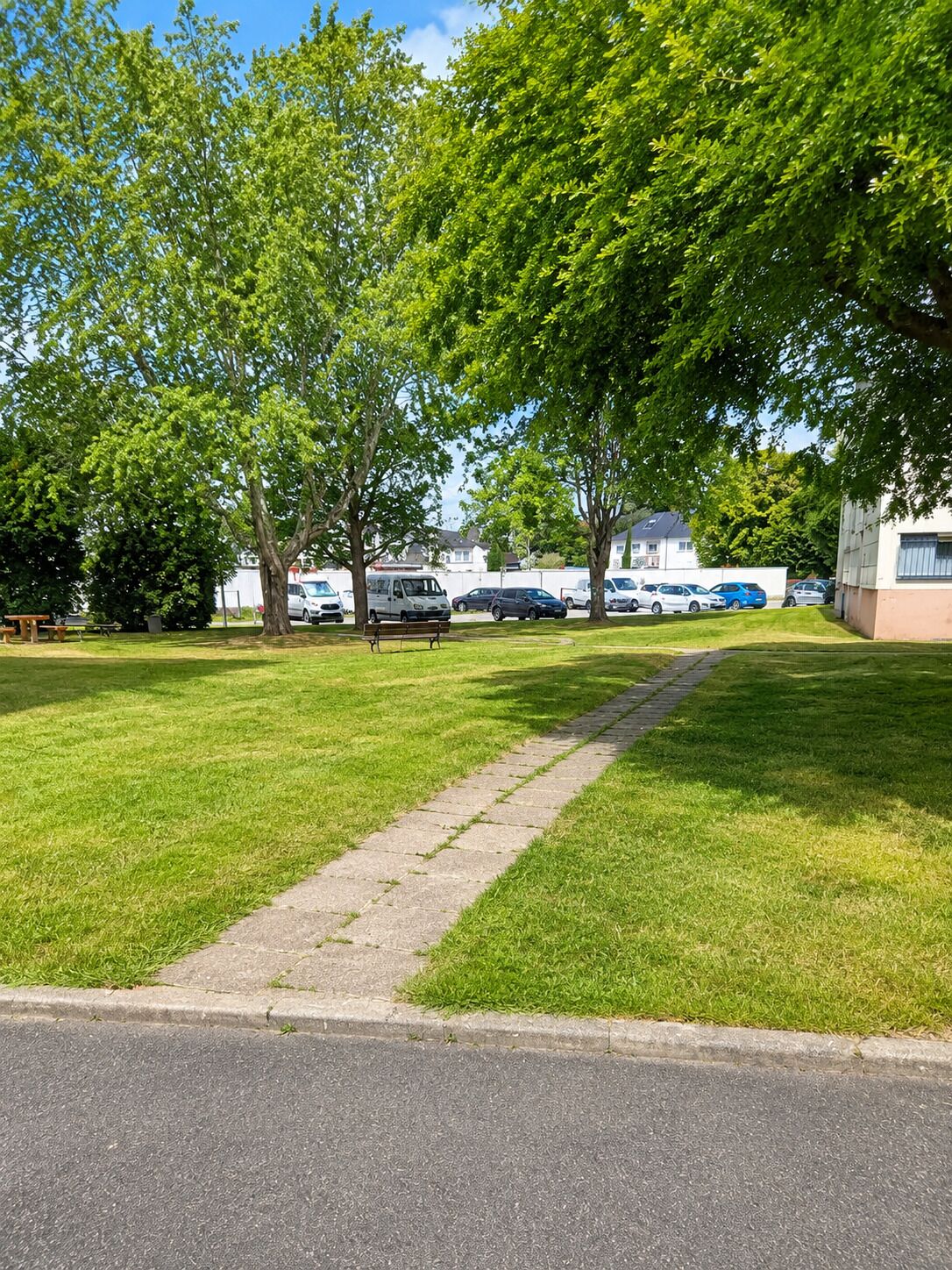 Un'area verdeggiante con un sentiero lastricato che conduce a un edificio, circondata da alberi e auto parcheggiate.