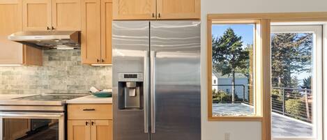 A modern kitchen with wooden cabinets, stainless steel appliances, and a built-in water dispenser.
