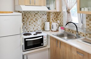 Habitació familiar, no fumadors, entresol | Cuina bàsica privada | Frigorífic petit i placa de cuina 
