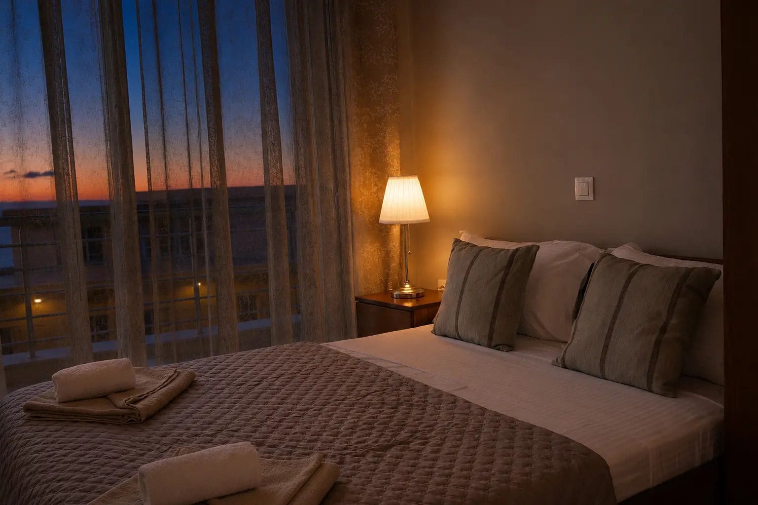 Quarto de hotel com cama, almofadas, luminária e vista para a cidade ao entardecer.