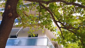 Ein Baum mit grünen Blättern vor einem Gebäude mit Balkonen.