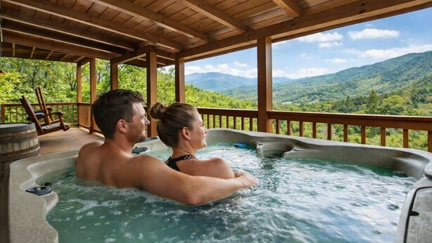 Une terrasse en bois avec un jacuzzi et une vue sur les montagnes.