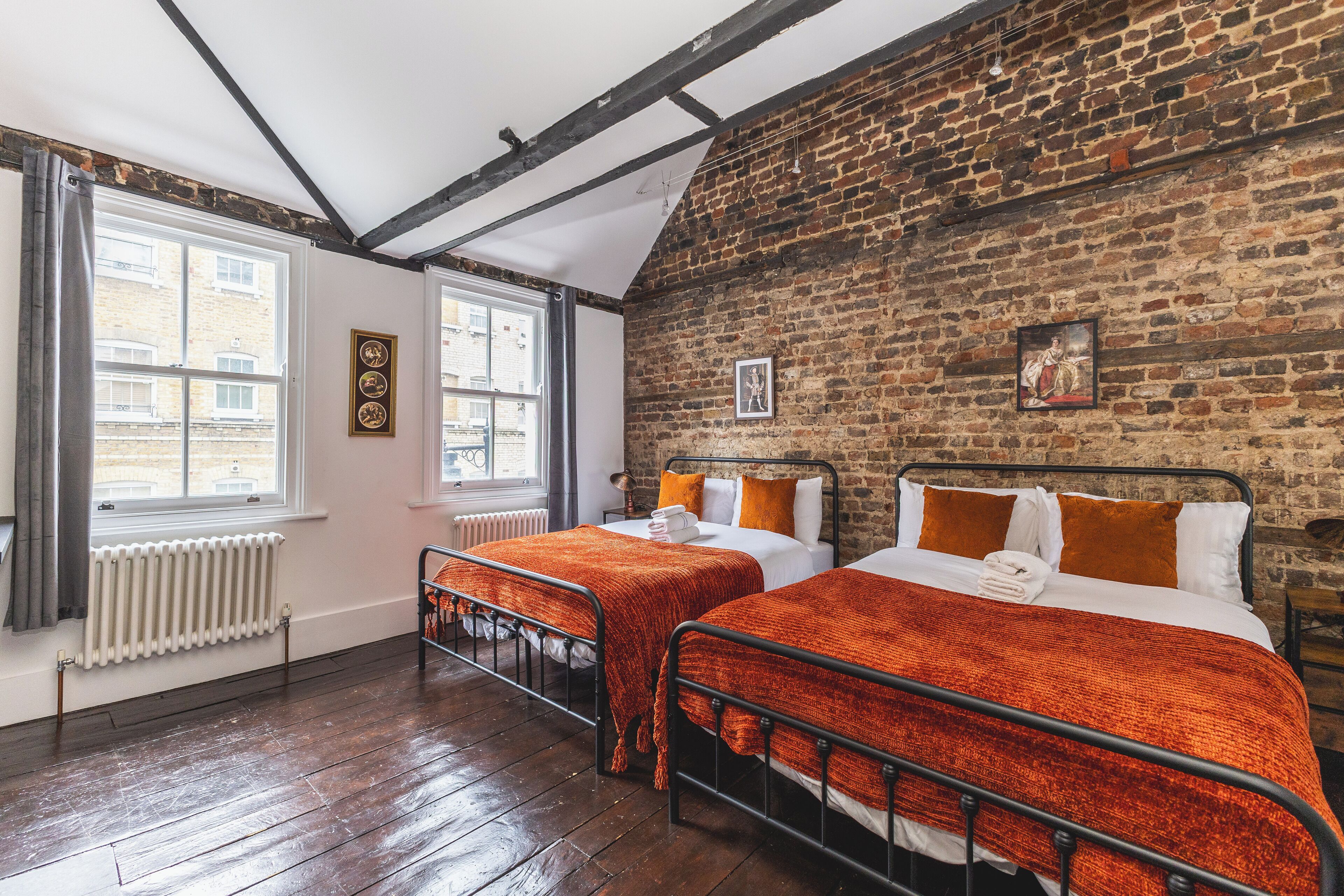 Desk, laptop workspace, blackout curtains, iron/ironing board