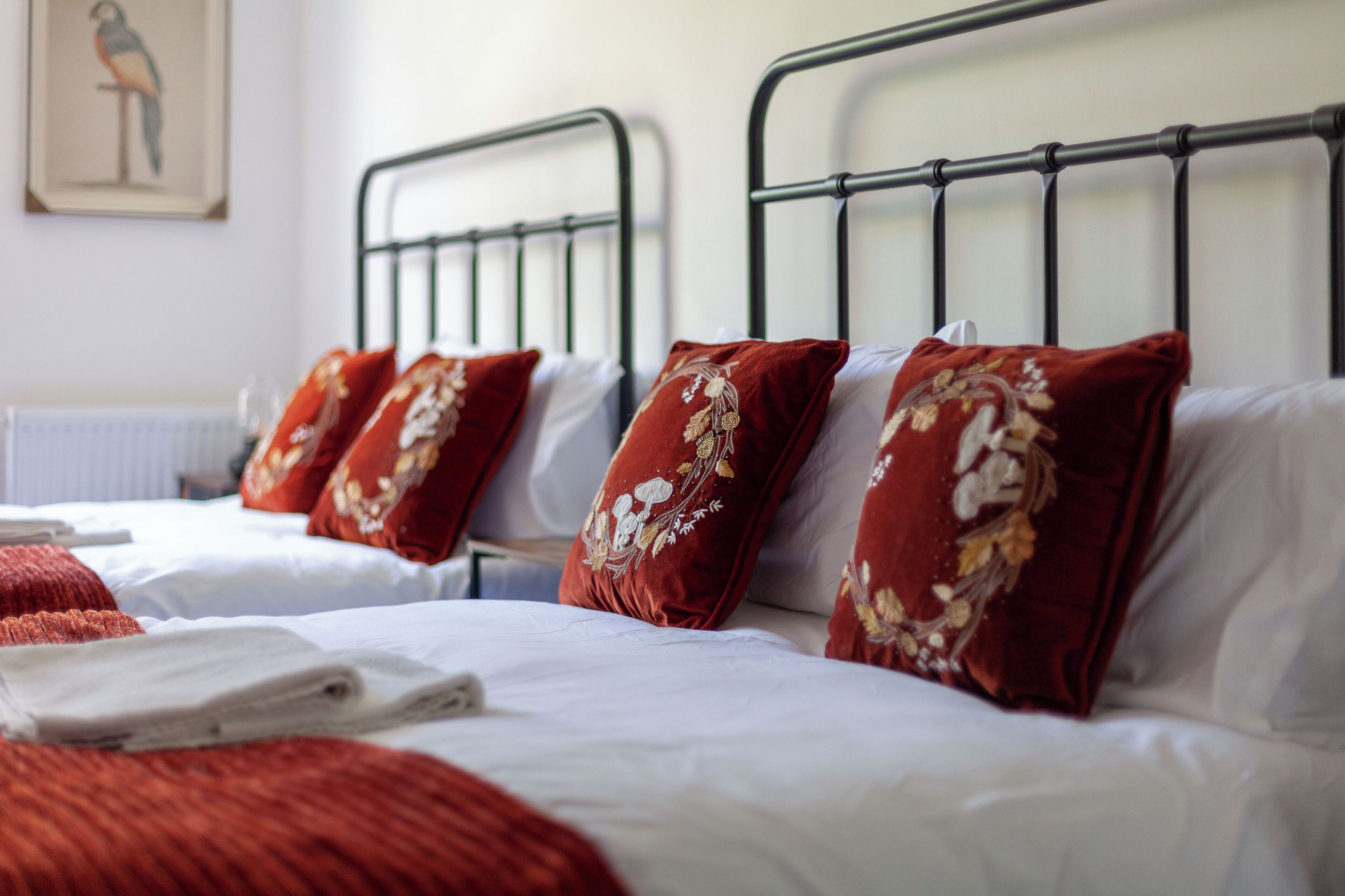 Desk, laptop workspace, blackout curtains, iron/ironing board