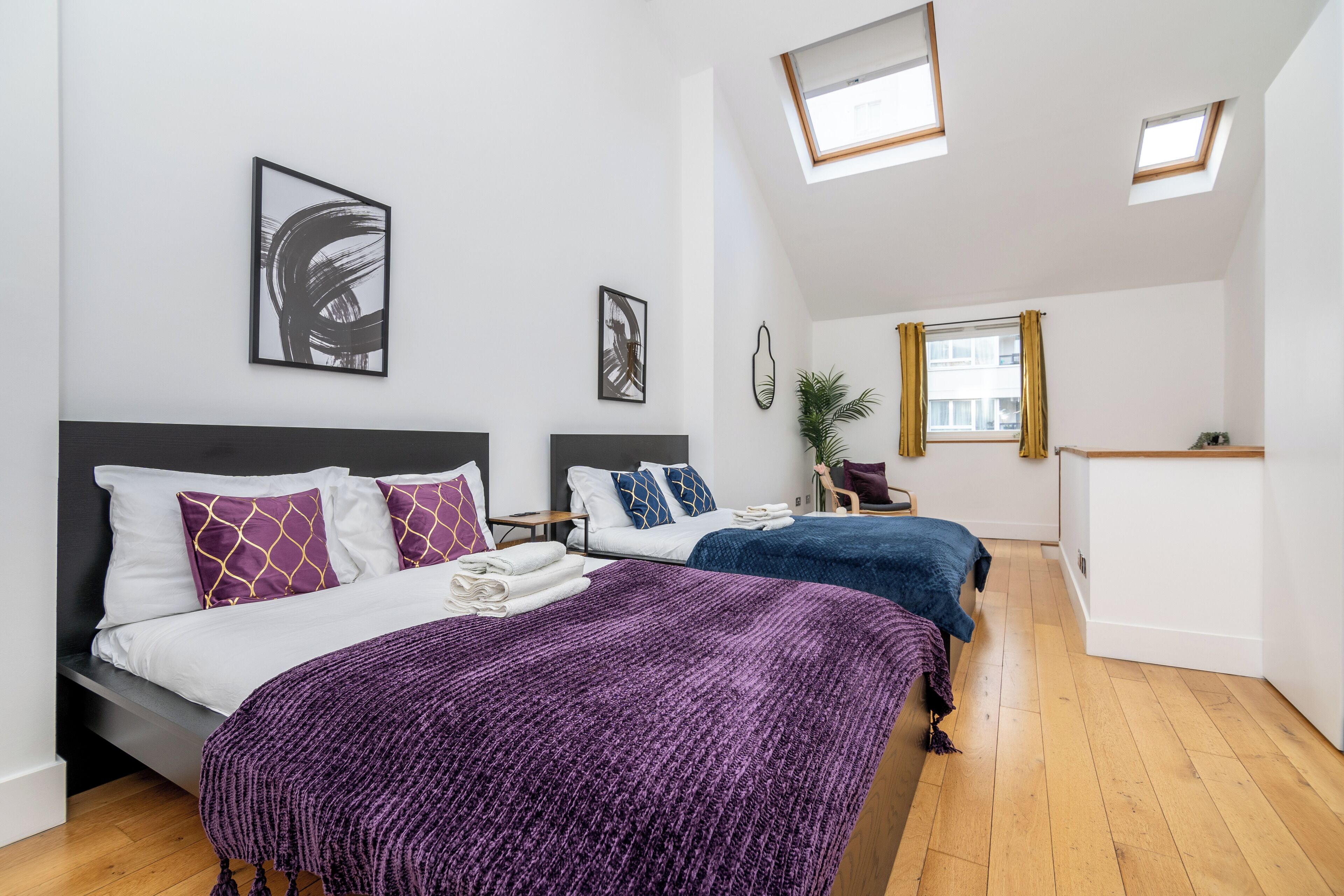 Desk, laptop workspace, blackout curtains, iron/ironing board