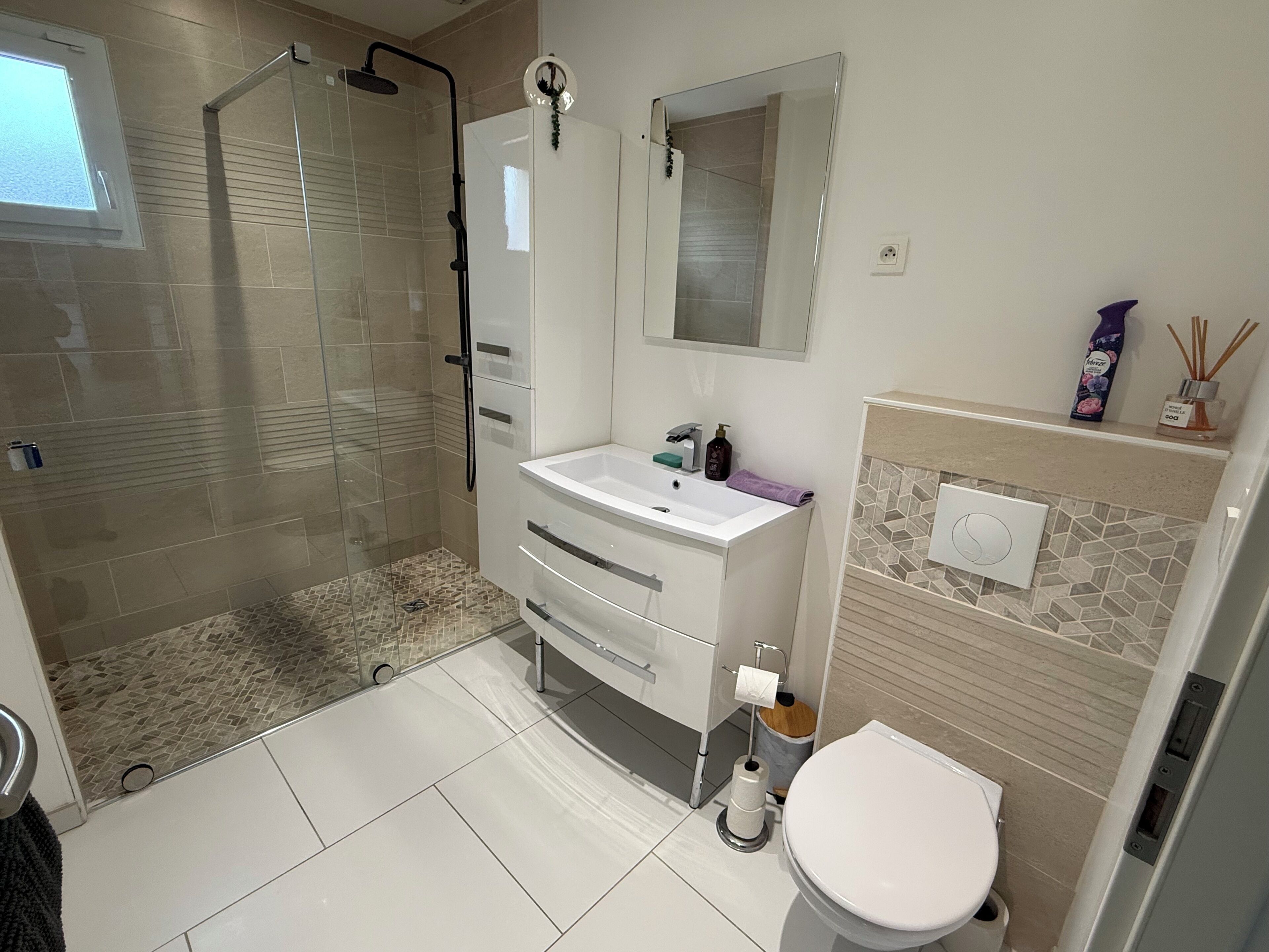 A modern bathroom with a glass shower enclosure, a white sink, a toilet, and a mirror above the sink.