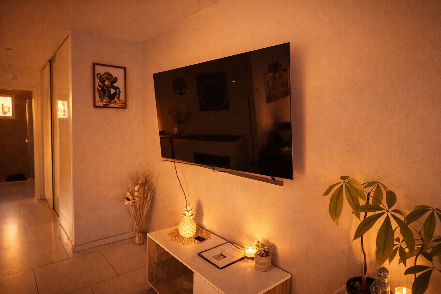 A hotel room with a flat-screen TV mounted on the wall, a bedside table with a lamp, a small plant, and a framed picture on the wall.