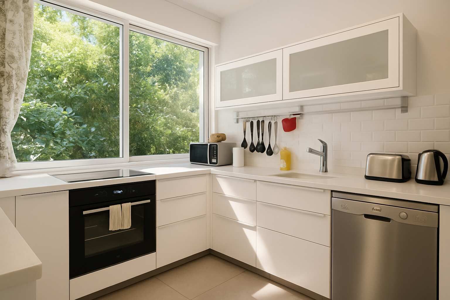 Una cocina moderna con horno empotrado, microondas y lavavajillas, una ventana con vistas a árboles y un juego de utensilios colgantes.