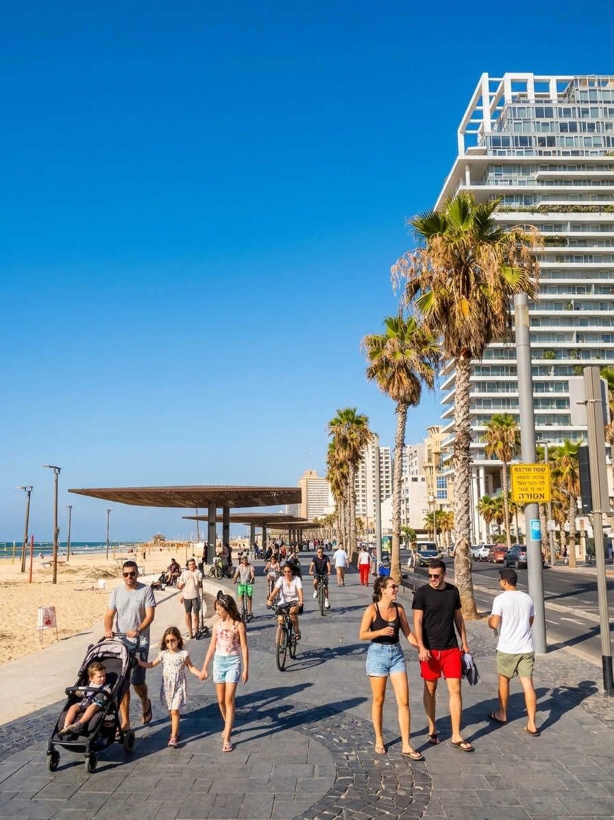 Eine Promenade mit Spaziergängern, im Hintergrund ein Strand und ein modernes Gebäude mit Balkonen.