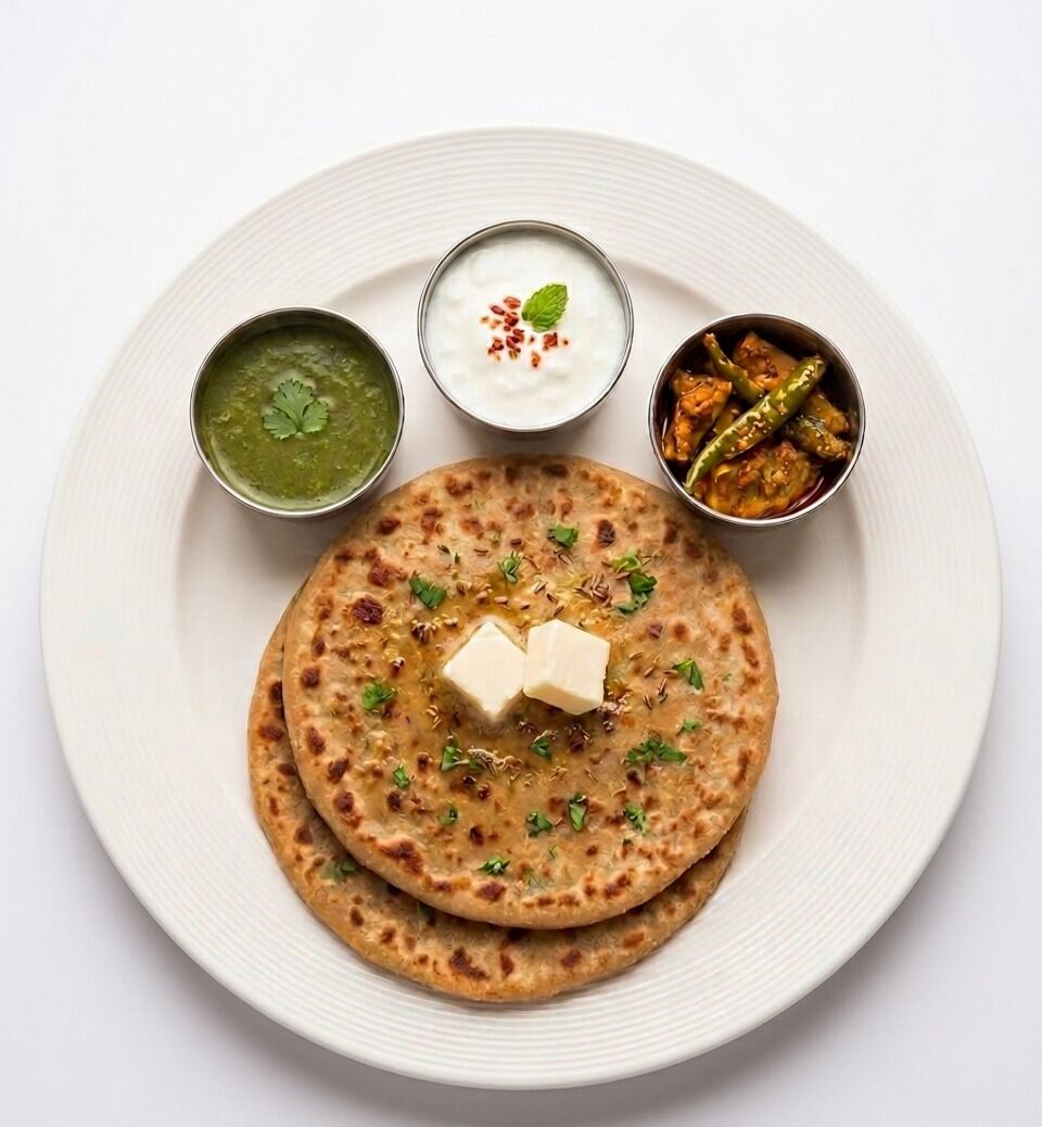 A plate with two flatbreads, a dollop of butter, and three side dishes.
