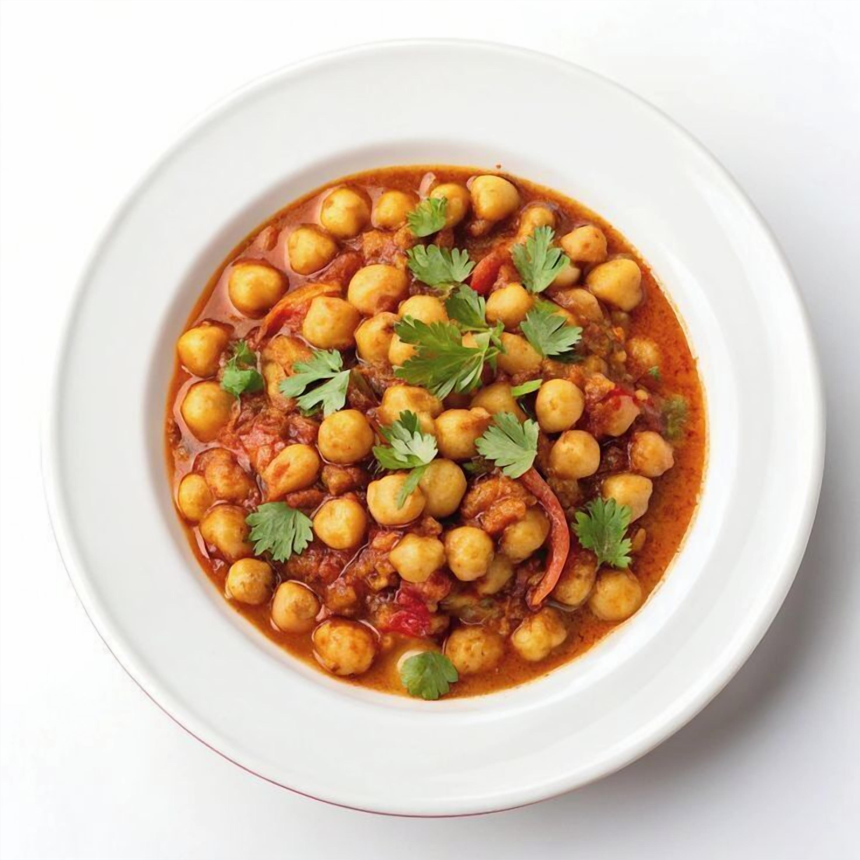 A bowl of chickpea stew garnished with cilantro.