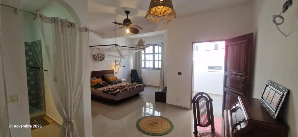 A spacious living area with a large bed, a ceiling fan, and a view of the outside.