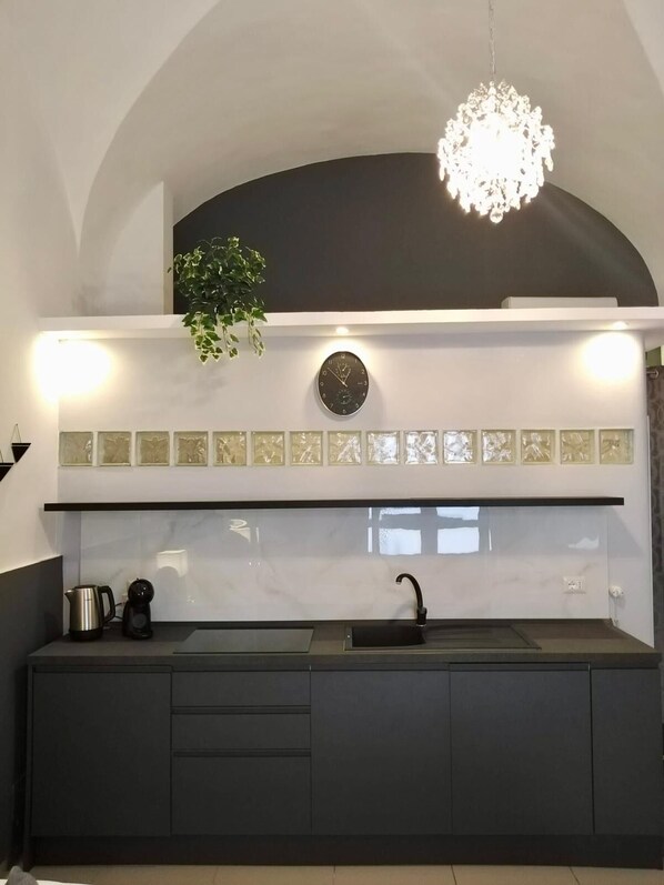 Una cocina moderna con encimera negra, hervidor de acero inoxidable, cafetera negra, pileta negra y una planta decorativa.