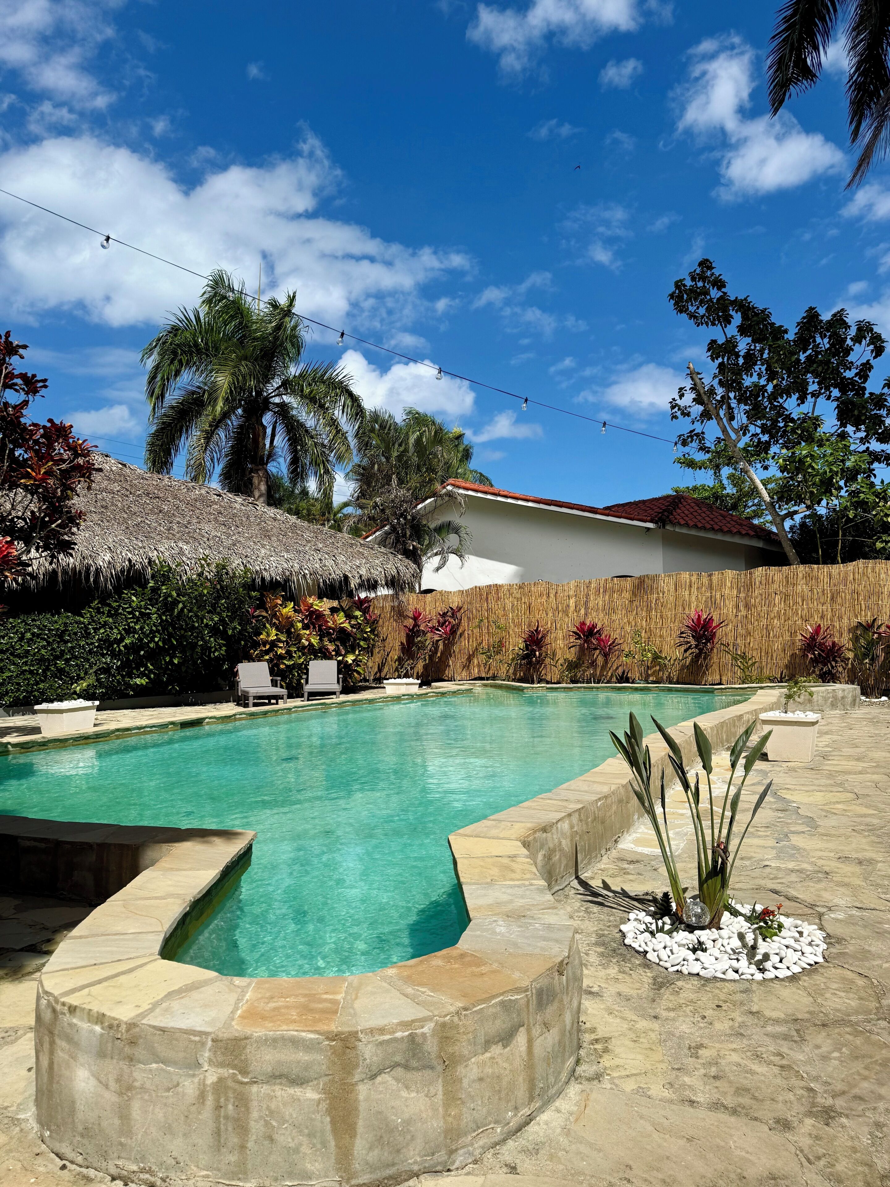 Une piscine bordée de pierres, entourée d’une terrasse en pierre, de palmiers et d’une structure à toit de chaume.
